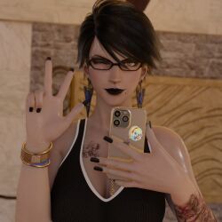 1girls 3d bayonetta bayonetta_(character) bayonetta_2 big_breasts black_eyeshadow black_hair black_lipstick black_nails blender curvy earrings eyeshadow female female_only glasses goth grey_eyes jewelry lipstick long_nails looking_at_viewer metroid nail_polish peace_sign phone samus_aran self_upload short_hair solo sports_bra sportswear tattoos thick wink winking_at_viewer your__waifu