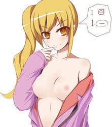 bakemonogatari blonde_hair breasts kiss-shot_acerola-orion_heart-under-blade monogatari_(series) nipples oshino_shinobu smile tagme topless vampire yellow_eyes