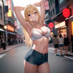 1girls ai_generated ai_mirror armpits arms_up background_people belly_button blonde_hair blue_eyes blush bra buildings hands_behind_head jean_shorts lamppost long_hair looking_at_viewer medium_breasts no_shirt posing road smile street white_bra white_skin