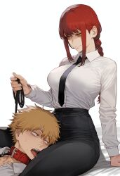 1boy 1girls ai_generated blonde_hair breasts chainsaw_man denji_(chainsaw_man) dog_collar femdom head_between_legs head_between_thighs hi_res leash leash_and_collar leashed leg_lift licking licking_thigh makima_(chainsaw_man) malesub office_lady red_hair saliva smile smiling sweat thick_thighs thigh_squeeze thigh_worship yellow_eyes