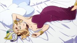 alluring blonde_hair curly_hair laying laying_on_bed looking_at_viewer my_hero_academia photoshoot purple_dress red_fingernails screen_capture screencap screenshot seductive snake snake_girl snake_hair stitched uwabami yellow_eyes