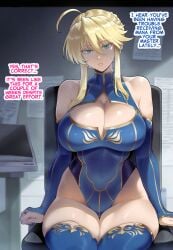 1girls ai_generated artoria_pendragon bare_shoulders bare_thighs big_breasts blonde_hair clothed clothing color english_text fate_(series) female female_focus female_only green_eyes hi_res large_breasts light-skinned_female light_skin looking_at_viewer meepking short_hair solo solo_female tagme text thick_thighs