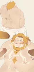 2024 anthro asgore_dreemurr beard belly big_belly bodily_fluids bovid bovine cum cum_on_face erection facial_hair genital_fluids genitals group haoming hi_res kemono male male/male mammal mature_male moobs nipples overweight overweight_male penis simple_background solo_focus towel undertale_(series)