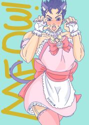 cat_ears cat_tail catboy cute_pose diamond_is_unbreakable donocho femboy jojo's_bizarre_adventure kosaku_kawajiri maid maid_apron maid_outfit maid_uniform male_focus muscular_femboy muscular_male muscular_twink