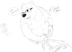 anthro bathroom bear clothing dialog eyeglasses humanoid_penis japanese_text kemono male male_only mammal monochrome navel nipples penis plain_background sketch solo stevenlew sweat text towel white_background