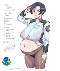 1girls bad_end belly big_belly big_breasts black_hair brainwashing breasts cameltoe earth_alliance empty_eyes erect_nipples female gundam gundam_seed huge_breasts hypnosis mature_female milf mind_control moistman natarle_badgiruel nipple_bulge nipples_visible_through_clothing panties pregnant pregnant_female salute short_hair solo sweat text