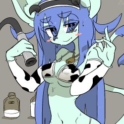 amboyna amboynav2 annabelle_(amboyna) blue_fur blue_hair breasts cat_ears cat_tail catgirl cow_bell cow_bikini cow_print cow_print_bikini eyes_visible_through_hair furry furry_female horns_hairband large_breasts long_hair milking_machine pill slim_waist