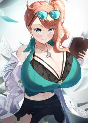 1girls alternate_breast_size aqua_eyes bra breasts busty cleavage female hizakake huge_breasts light-skinned_female light_skin long_hair massive_breasts nintendo orange_hair pokemon pokemon_ss side_ponytail smile sonia_(pokemon) top_heavy