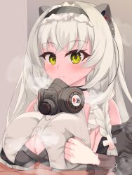 braided_hair gas_mask girls'_frontline green_eyes grey_hair headband hk433_(girls'_frontline) paizuri paizuri_under_clothes scourer_14 steam tagme