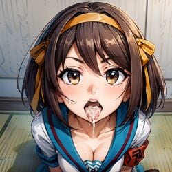 1girls after_deepthroat after_fellatio after_oral ai_generated arbitrary brown_eyes brown_hair cleavage cum cum_in_mouth hi_res innocent open_mouth oral oral_creampie school_uniform short_hair stable_diffusion suzumiya_haruhi suzumiya_haruhi_no_yuuutsu teenager throat tongue_out young