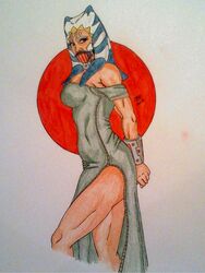 1girls 2013 ahsoka_tano arms_behind_back blue_eyes bondage breasts collar color drawing dress female female_focus female_only gag gagged grey_fur looking_at_viewer lucasfilm pose restraints simple_background sole solo star_wars swf123 thighs togruta watermark