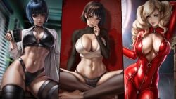 3girls abs absurd_res absurdres ann_takamaki arm_up athletic athletic_female atlus bangs barefoot big_breasts black_bikini black_bikini_bottom black_bikini_top black_bra black_clothes black_clothing black_hair black_panties black_underwear blonde_hair blue_eyes bodysuit bra breast_squish breasts brown_eyes brown_hair busty catsuit child_bearing_hips cleavage clothed clothed_female clothing coat cup cute_face dandon_fuga desk feet female female_focus female_only fit fit_female hair_ornament high_resolution highres hips holding_cup holding_mug huge_breasts human indoors labcoat large_breasts latex latex_bodysuit latex_clothing light-skinned_female light_skin looking_at_viewer makoto_niijima megami_tensei mug navel office on_desk pale_skin panties parted_lips persona persona_5 phantom_thief_suit plaid_panties plaid_underwear red_background red_bodysuit red_clothes red_clothing red_eyes sfw short_hair shrug simple_background sitting sitting_down sitting_on_desk slim_girl slim_waist standing stirrup_legwear stirrups tae_takemi tank_top thick_thighs thighs toes toned toned_body toned_female toned_stomach underwear very_high_resolution white_clothing white_coat white_lab_coat white_tank_top