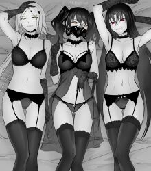 3girls black_hair executioner_(girls'_frontline) garter_belt garter_straps girls'_frontline hunter_(girls'_frontline) hunter_(girls_frontline) multiple_girls nishi_tagame only_female panties sangvis_ferri scarecrow_(girls'_frontline) scarecrow_(girls_frontline) stockings thighs white_hair