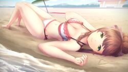 beach bikini doki_doki_literature_club female_focus female_only green_eyes heart light_brown_hair looking_at_viewer lying_on_back medium_breasts monika_(doki_doki_literature_club) ocean ponytail sand thick_thighs tsukimaru umbrella