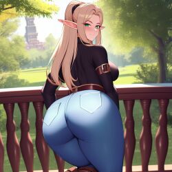 1girls ai_generated alborewimi apple_butt arched_back ass belt big_ass blonde_hair blush denim elf elf_ears female firm_ass green_eyes huge_butt jeans light-skinned_female looking_at_viewer looking_back mature_female nai_diffusion outdoors pointy_ears rear_view round_ass round_butt seductive showing_ass showing_off showing_off_ass solo stable_diffusion tight_clothing