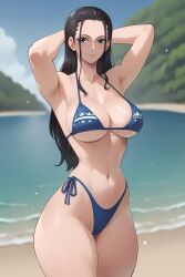 1girls ai_generated armpits arms_behind_head arms_up azure_(artist) bikini black_hair blue_bikini blue_eyes breasts female female_only hands_behind_head long_hair nails navel nico_robin one_piece outdoors outside pose shounen_jump side-tie_bikini side-tie_bikini_bottom slim_waist smile solo stable_diffusion standing swimwear thick_thighs thighs