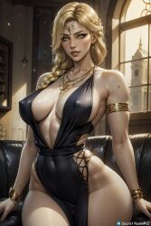 ai_generated big_hips breasts elden_ring female female_only fromsoftware front_view gold_eyes long_hair milf nipples queen_marika_the_eternal secret_room12 shiny_skin sitting stable_diffusion