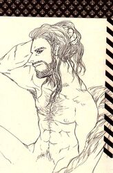 1boy beard black_and_white drawn hairy_chest hairy_male human human_only male_focus monochrome nude nude_male paper pen solo solo_male tagme the_hobbit thorin_oakenshield white_background