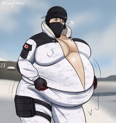 1girls asian asian_female bbw belly belly_stuffing big_belly big_breasts bloated bloated_belly breasts cleavage erect_nipples fat female frost_(rainbow_six) huge_belly huge_breasts ladyemberr nipple_bulge obese overweight rainbow_six rainbow_six_siege solo stuffed stuffed_belly stuffing weight_gain