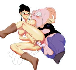 1boy 1girls black_hair black_shirt blurry_foreground blush boots breast_sucking breast_sucking_during_sex breastfeeding breastfeeding_during_sex breasts_apart brown_boots brown_shoes chichi clitoral_hood clitoris crying_with_eyes_open depth_of_field dragon_ball dragon_ball_z earrings eye_contact female full_body g-flux hair_bun human interspecies interspecies_sex large_breasts looking_back male naked_dress oolong open_dress open_pants penis pig_ears pig_humanoid pig_nose pig_penis pig_snout purple_pants pussy pussy_juice_trail short_hair short_hair_with_long_locks simple_background single_hair_bun spooning spread_legs straight sweatdrop t-shirt tagme uncensored vaginal vaginal_penetration vaginal_sex white_background