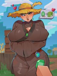 1girls ambiguous_pov big_ass big_breasts blush cleavage dialogue diforland emerald_(gem) female fully_clothed green_eyes hag image looking_at_viewer minecraft no_hair offscreen_character pov rule_63 tagme tagme_(character) thick_thighs trade unibrow villager_(minecraft)