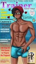 1boy 2022 abs aqua_regia_arts artist_name beach black_hair cap cayenne_(aqua_regia_arts) dark-skinned_male erection erection_under_clothes glasses green_eyes magazine_cover male_focus male_only original_character pecs pokemon precum skinny solo_male sweat sweatdrop text underwear watermark