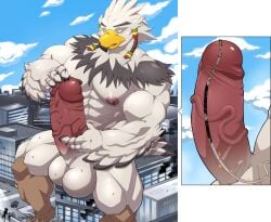 absurd_res anthro avian balls beak bird bodily_fluids braided_pseudo_hair breath_of_the_wild building city cock_vore erection feathers genital_fluids genitals hi_res internal macro maldu male male_pred masturbation multiple_prey muscular muscular_male nintendo penile penis precum rito sitting solo teba_(tloz) the_legend_of_zelda togepi1125 urethra urethral vore white_body white_feathers