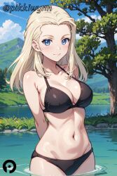 ai_generated arms_behind_back bikini black_bikini blonde_hair blue_eyes blue_sky blush breasts clara_(girls_und_panzer) cleavage closed_mouth cloud collarbone cowboy_shot day female girls_und_panzer large_breasts long_hair looking_at_viewer navel outdoors pikkiwynn sky smile solo swimsuit tree wading water