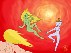 1boy 2girls adventure_time bald bald_female blonde_hair breasts coldfusion crown finn_the_human green_eyes nude princess_beautiful pubic_hair pussy warrior_princess