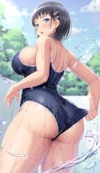 1girls ass black_hair blue_eyes breasts competition_swimsuit dat_ass female hips huge_ass huge_breasts kawase_seiki kirigaya_suguha light-skinned_female light_skin one-piece_swimsuit short_hair swimsuit sword_art_online thick_thighs thighs wet wet_body wide_hips