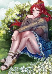 1female 1girls bush clouds female female_only flower flowers girl_only grass green_eyes heels high_heels lace_socks legs liilica outdoors panties panties_peek pattern_socks patterned_clothing pyrrha_nikos red_hair rwby sky smiling socks solo toenails toes transparent_socks wind