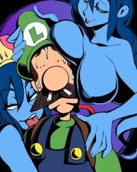 1boy 2019 2girls blood blue_body blue_hair blue_overalls breasts breasts_on_face clothing crown facial_hair female ghost ghost_girl green_hat green_shirt hat human humanoid looking_at_viewer luigi luigi's_mansion male mario_(series) moustache nervous new_super_mario_bros._u_deluxe nintendo nipples nisego nosebleed overalls seductive sweat sweating tissue tongue tongue_out voluptuous voluptuous_female