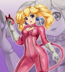 1girls ann_takamaki ann_takamaki_(cosplay) blonde_hair blue_eyes bodysuit breasts cosplay earrings fake_tail gloves holding_mask looking_at_viewer mario_(series) mask medium_breasts nintendo persona persona_5 pink_bodysuit princess_peach razorkun tail twintails zipper zipper_pull_tab