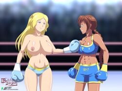 2girls athletic athletic_female big_breasts blonde_hair blue_boxing_gloves blue_eyes blue_gloves boxing boxing_gloves boxing_ring braided_hair breasts brown_hair butcherstudios catfight duo european_mythology female female_only fight fighting fighting_ring gloves goddess greek_mythology hi-rez_studios huge_breasts ice_blue_boxing_gloves ice_blue_gloves light-skinned_female light_skin long_hair mythology nude smite tan-skinned_female tan_skin thick thick_hips thick_thighs topless wide_hips