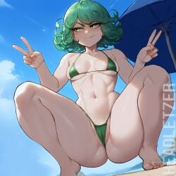 ai_generated beach embarrassed headletzer looking_away one-punch_man string_bikini swimsuit tagme tatsumaki tatsumaki_(one-punch_man)