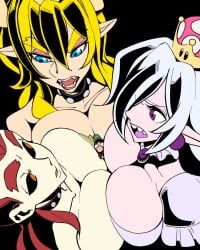 1boy 2019 3girls angry arguing argument between_breasts big_breasts blonde_hair blue_eyes boosette bowsette breasts cleavage clothing crown dry_bowsette facial_hair female ghost ghost_girl giant giantess gigantic_breasts green_hat huge_breasts human humanoid large_breasts larger_female light-skinned_female light_skin looking_at_another luigi luigi's_mansion male mario_(series) massive_breasts new_super_mario_bros._u_deluxe nintendo nipple nisego open_mouth pointy_ears purple_eyes purple_tongue red_hair size_difference smaller_male voluptuous voluptuous_female white_dress white_hair