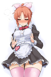 abe_nana apron blush bowtie closed_eyes cum cum_on_clothes female heart idolmaster idolmaster_cinderella_girls long_sleeves momio orange_hair pink_legwear ponytail puffy_sleeves pussy_juice short_hair solo sweatdrop thighhighs tied_hair white_background