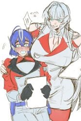 2girls ara_ara belt big_breasts blue_eyes blue_hair blush boob_window breast_window busty clothed clothes clothing coat decepticon female female_only genderswap_(mtf) huge_breasts humanformers humanized large_breasts larger_female long_hair megatron multiple_girls nervous orion_pax po112_g rule_63 short_hair shorter_female skirt smaller_female taller_female thight_clothing transformers transformers_prime white_hair yuri