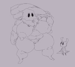 1boy 1boy1girl 1girls 2024 2d areolae belly belly_button big_belly big_breasts big_breasts breasts breasts breasts_bigger_than_head cloth_(hollow_knight) club dumptruck_ass hollow_knight masked masked_female muscular muscular_female nail necklace nipples olozva protagonist_(hollow_knight) size_difference sketch sword thunder_thighs weapon wide_hips