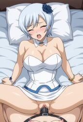 ai_generated blush clothed_sex fairy_tail female_focus female_only femdom femsub imminent_orgasm missionary_position on_back on_bed open_mouth strap-on yukino_aguria yuri