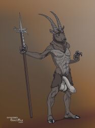 anthro beastmilk big_penis bovid caprine flaccid foreskin genitals goat hammer hooves horn ibex long_penis looking_away male mammal penis pinup pose tools warhammer