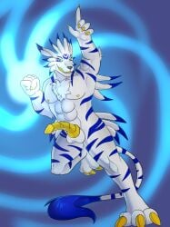 3_toes 5_fingers abs action_pose alternate_species animal_genitalia animal_penis anthro arm_tuft athletic athletic_anthro athletic_male back_tuft balls bandai_namco beauwolfhusky black_nose blue_eyes blue_markings blue_stripes canine_genitalia canine_penis chest_tuft claws digimon digimon_(species) digitigrade dipstick_ears ear_markings energy erection feet finger_claws fingers fist fur genitals grey_body grey_fur hand_above_head head_tuft heart-of-a-dragoness hi_res knot looking_at_viewer male male_focus male_only markings multicolored_ears neck_tuft nipples nude open_mouth paws pecs penis pose shaded shoulder_tuft smile soft_shading solo standing stripes tail tail_tuft teeth toe_claws toes tongue tuft vein veiny_penis weregarurumon white_body white_fur yellow_claws yellow_nipples yellow_penis yellow_tongue