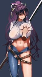 1girl 1girls ass_visible_through_thighs asymmetrical_legwear big_breasts breast_grab breasts busty clothed clothing cropped_arms disembodied_hand female female_focus female_only grabbing_breasts groping hair_ribbon holding holding_breast holding_object holding_sword holding_weapon huge_breasts human human_only kamijou_touma kanzaki_kaori katana large_breasts long_hair looking_at_viewer midriff navel nodachi ootachi pants purple_eyes purple_hair shaded_face sheath sheathed shin_deadball_iwata solo stomach tied_hair tied_shirt to_aru_majutsu_no_index very_long_hair white_shirt