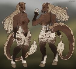 anthro anthro_only black_body blonde_hair brown_body dark_body equid equine felid feline female hair hair_mane heart_(marking) hi_res horse lion long_hair long_mane long_tail mammal markings model_sheet native native_american pantherine ring_piercing shifter sienna_(lukka9090) solo tail tail_hair tail_mane tan_body tribe tvard yellow_eyes