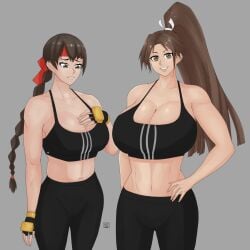 2girls alluring art_of_fighting athletic_female big_breasts cleavage fatal_fury female_abs fit_female gym_clothes gym_pants king_of_fighters lofifab mai_shiranui medium_support_(meme) meme sakazaki_yuri snk sports_bra sportswear yuri_sakazaki