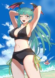 2girls animal_ears armpits arms_behind_head bikini black_bikini blue_hair breasts cat_ears cat_girl cleavage darkstalkers felicia_(darkstalkers) green_eyes green_hair head_wings large_breasts morrigan_aensland multiple_girls navel not_porn ocean one_eye_closed open_mouth outdoors sfw succubus swimsuit thighs wings wink