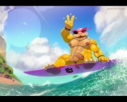 1boy abs absurd_res anthro anus balls beach genitals gesture hand_gesture hi_res koopaling looking_at_viewer male mario_(series) muscular muscular_male nintendo nipples one_eye_closed pecs penis rad-lizer roy_koopa solo surfing v_sign wink winking_at_viewer wubba