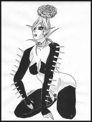 1girls avarill bishoujo_senshi_sailor_moon breasts daimon death_busters female female_only flower front_view humanoid kneeling large_breasts monochrome monster_of_the_day pointy_ears solo stockings tagme u-baulla villainess