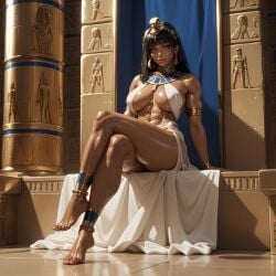 abs ai_generated barefoot black_hair dark-skinned_female egyptian egyptian_clothes egyptian_female egyptian_headdress eogard_orc jewelry muscular_female oiled_body oiled_skin original_character perfect_legs purple_eyes sitting stable_diffusion