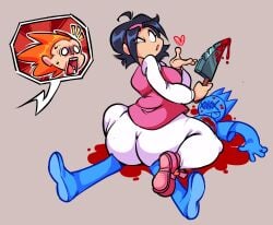 animation_sensation asian_female ass big_ass blood blowing_kiss commission death female fnf friday_night_funkin knife male_death murder nene_(newgrounds) no_pupils pico_(newgrounds) sitting_on_person white_pants x_eyes